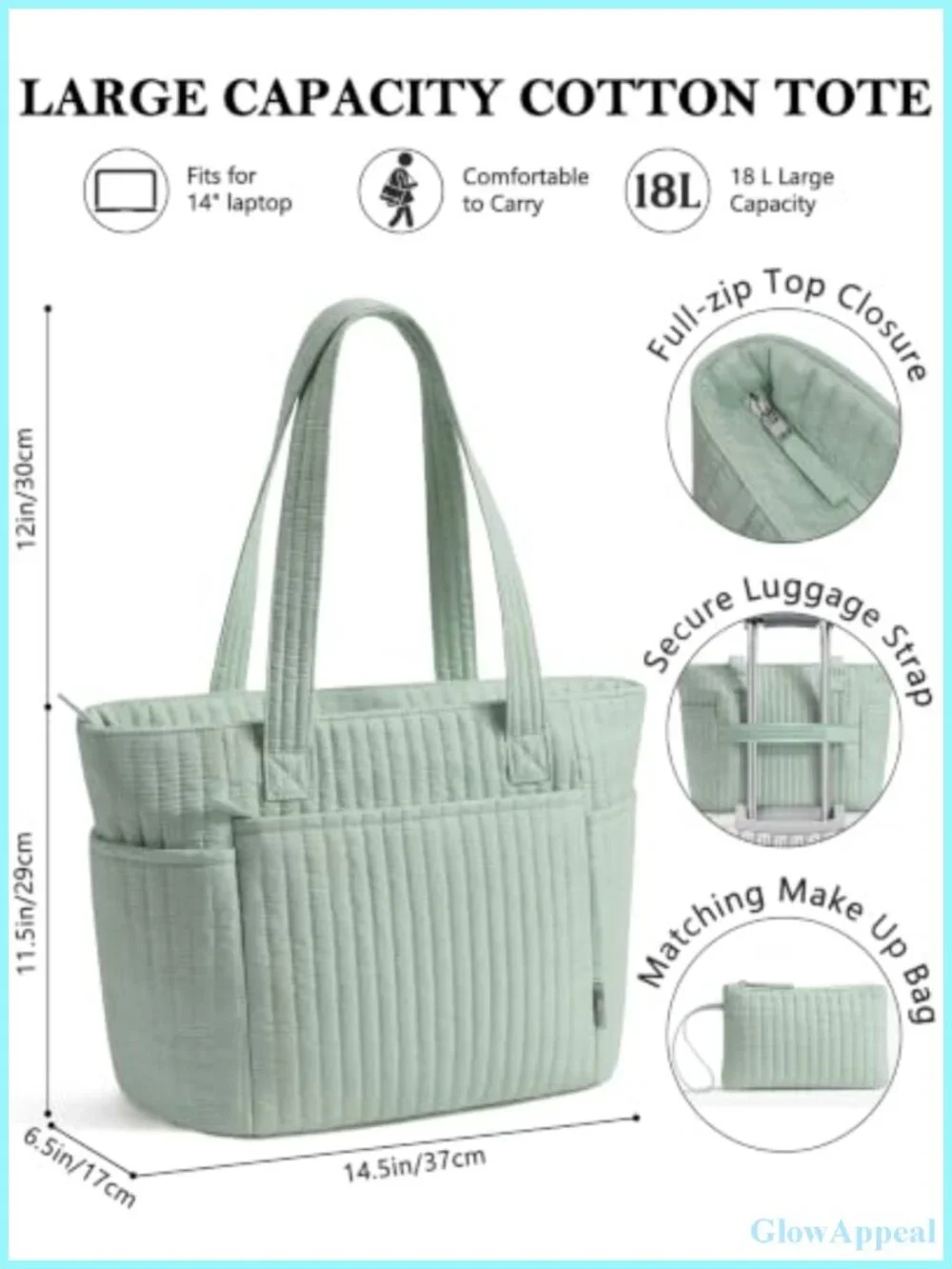 Quilted Puffer Cotton Tote Bag with 10 Pockets, Laptop Sleeve, Waterproof